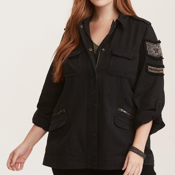 Torrid Black Twill Embellished Shacket 100% Cotton Roll Tab Sleeve Utility - Picture 1 of 10